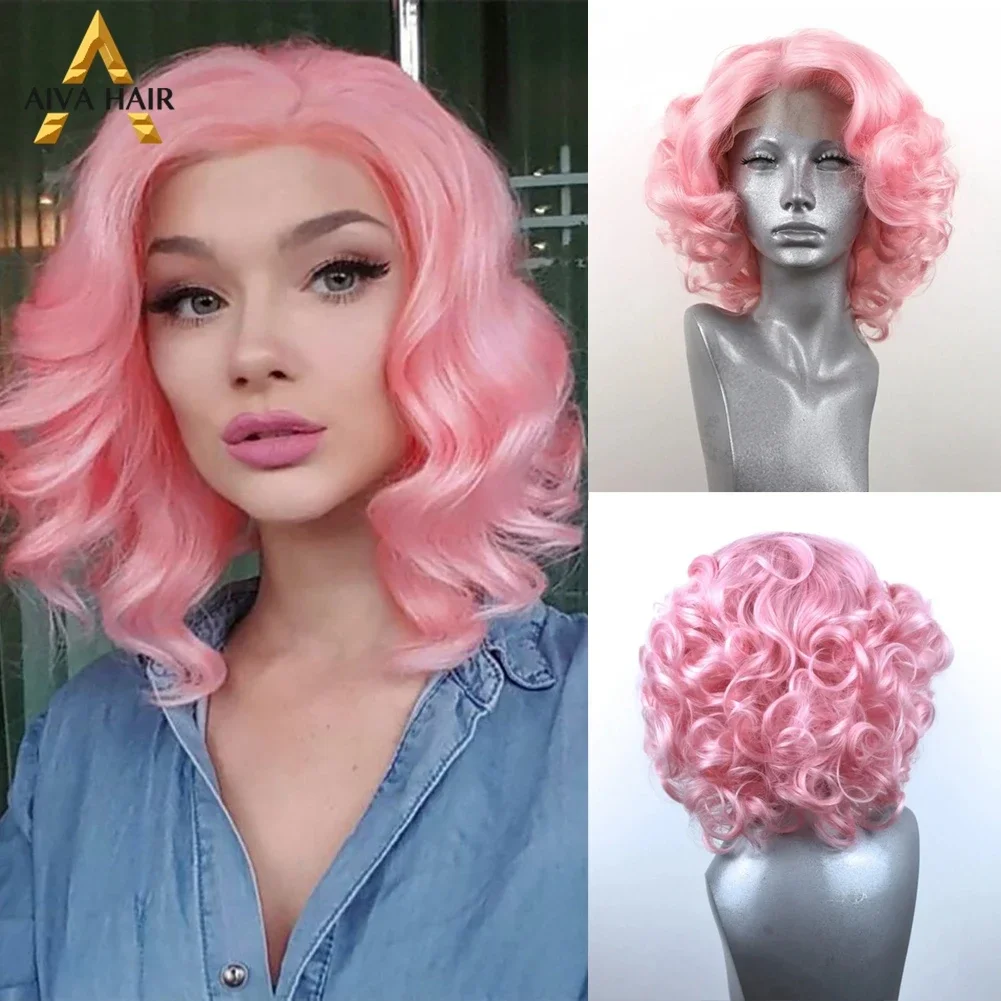 

AIVA Blonde Wavy 13x4 Lace Front Wig Heat Resistant Glueless Pink Synthetic Bob Wig Fashion Cosplay Monroe Short Wigs for Women