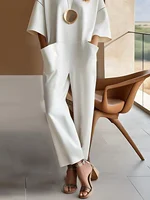 Womens Loose Jumpsuit Pockets Round Neck Straight Pant Minimalist White Streetwear Playsuits Office Lady Rompers One Piece Sets - Image 5