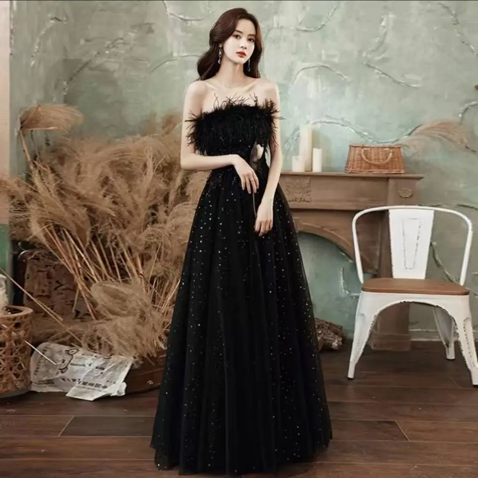 New sleeveless feather long lady girl fairy women prom party evening dancing performance dress