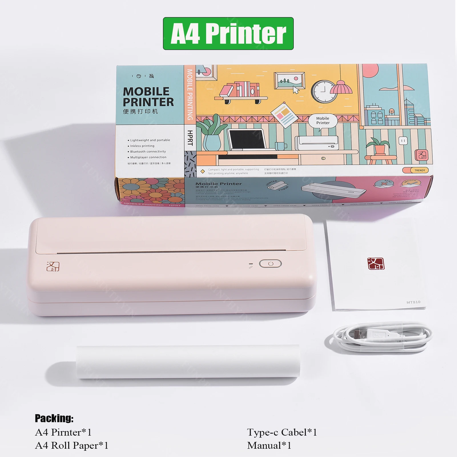 Paper Printer A4 Thermal Printer Printing Paper Direct Transfer Wireless  Mobile Photo Printer USB Bluetooth-compatible Connect