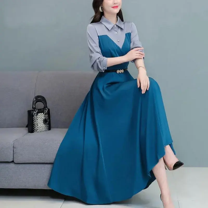 

Commute Contrasting Colors Patchwork Dresses Spring Autumn Polo-Neck Button Female Clothing A-Line Fashion Sashes Long Dress New