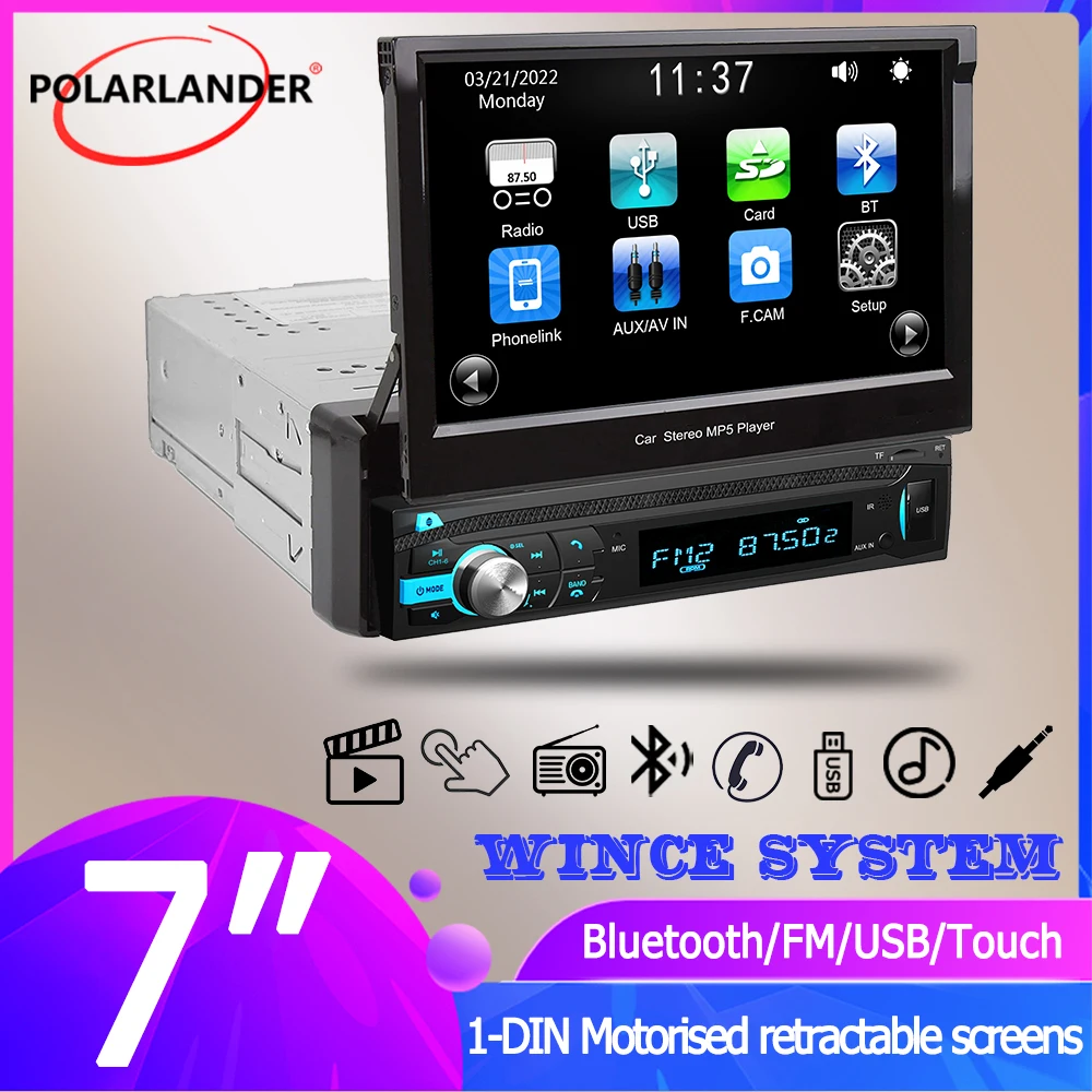 

Car Multimedia Player Stereo Receiver Bluetooth 1DIN 7'' Electric Telescopic Screen Intelligent Voice AUX /SD/ USB for Universal