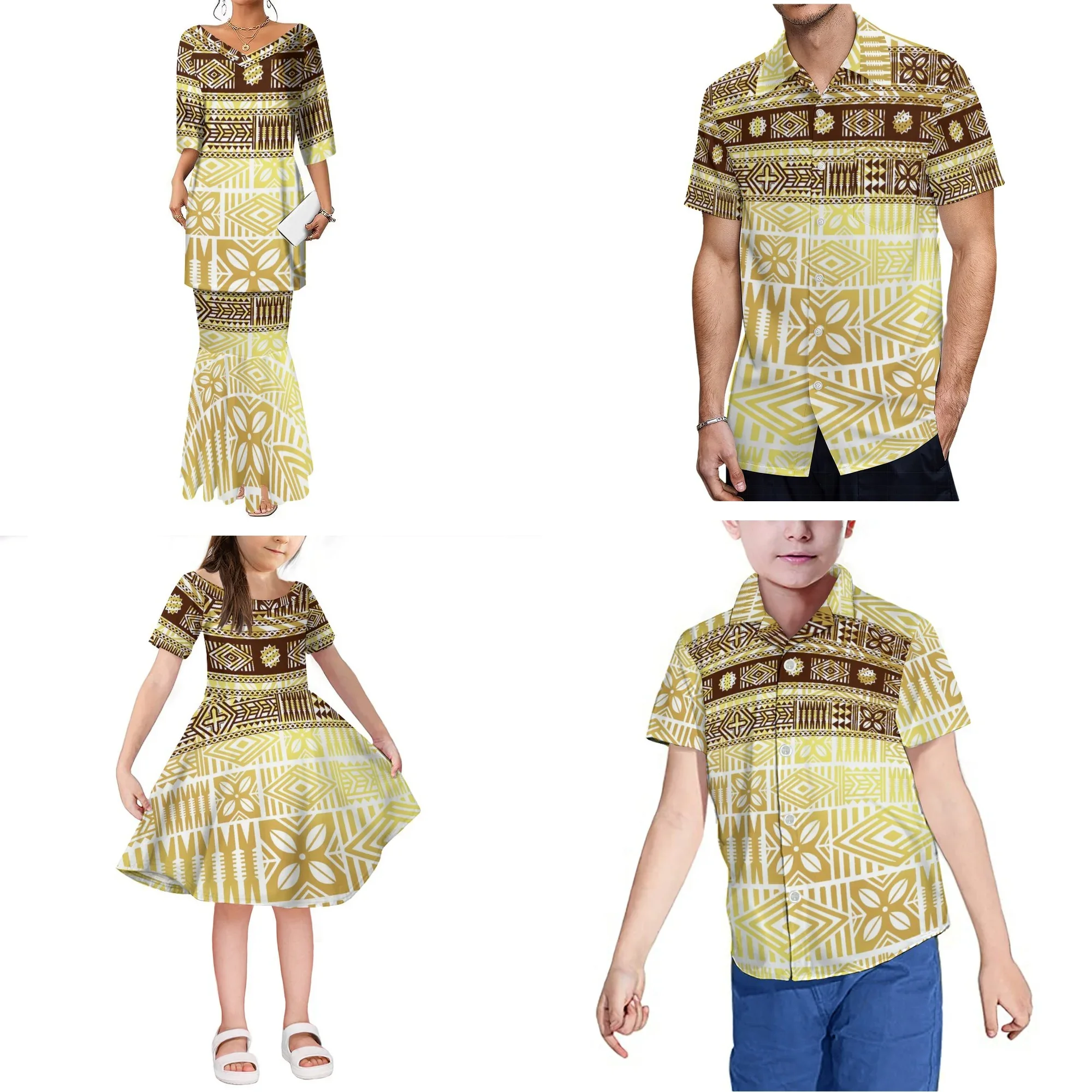 

Summer Women's New Puletasi Polynesian Elegant Middle sleeve Dress Tribal Design Ethnic Dress Temperament Long Dress