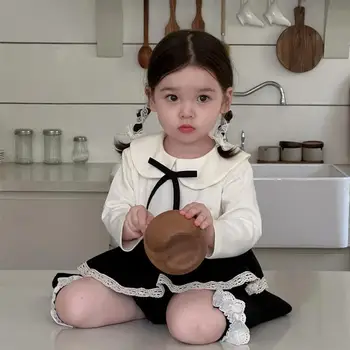 2025 Autumn New Baby Long Sleeve T Shirts Cotton Girls Cute Bow Peter Pan Collar Bottoming Shirts Solid Infant Toddler Clothes
