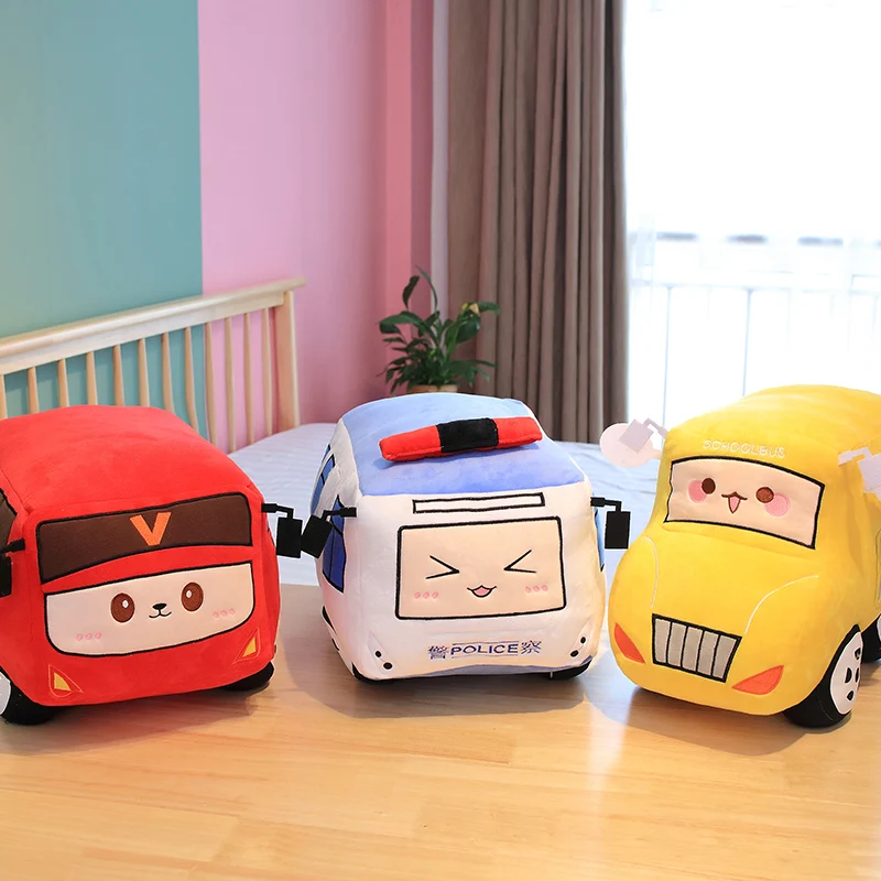 Automobile Plush Pillow Stuffed Firefighter School Bus Policeman Car Cartoon Plushie Soft Cushion Decor Present 5