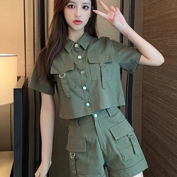 여성용 짧은 카고 세트, 한국 스타일 패션, 우아한 매칭 세트, 캐주얼 2 피스 세트, 여성 정장 복장, 여름 신상