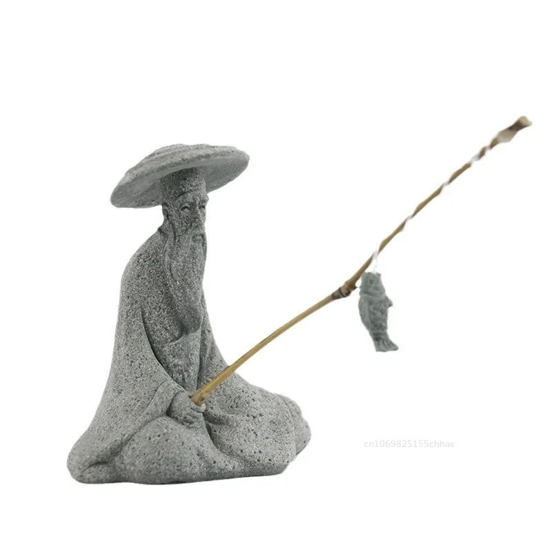 Fish tank ornaments 1pc Fish Tank Garden Sitting Fishing Sandstone Vintage Ornament Aquarium Mini Fisherman Statue Asian Zen Room Decoration