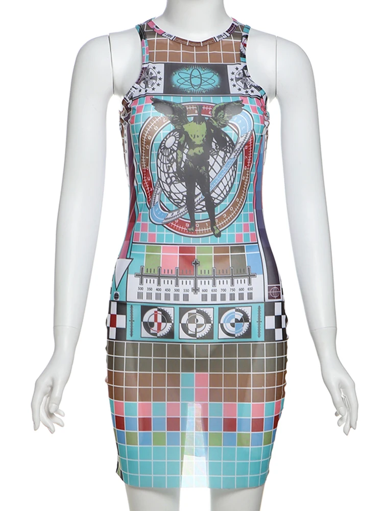 Nibber Colorful Aesthetic Women Dress Print Pane See Through Sleeveless Skinny Hipster Skinny o-Neck Summer Trend Club Bodycon 6