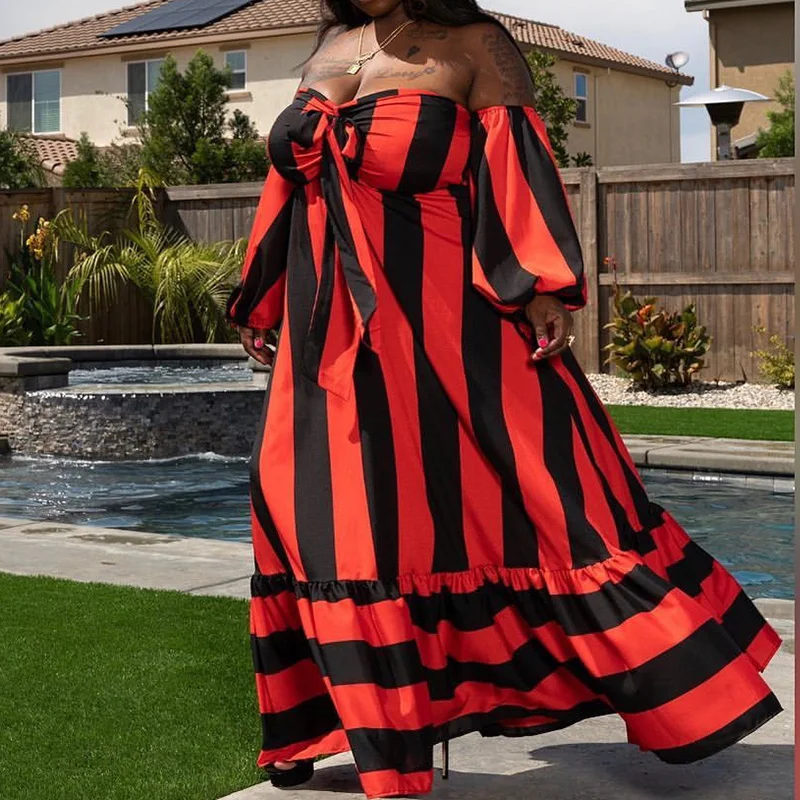 Evening Party Sexy One Word Collar Striped Printing Loose Bandage Long Sleeve Autumn Plus Size Pullover Maxi Dress for Women