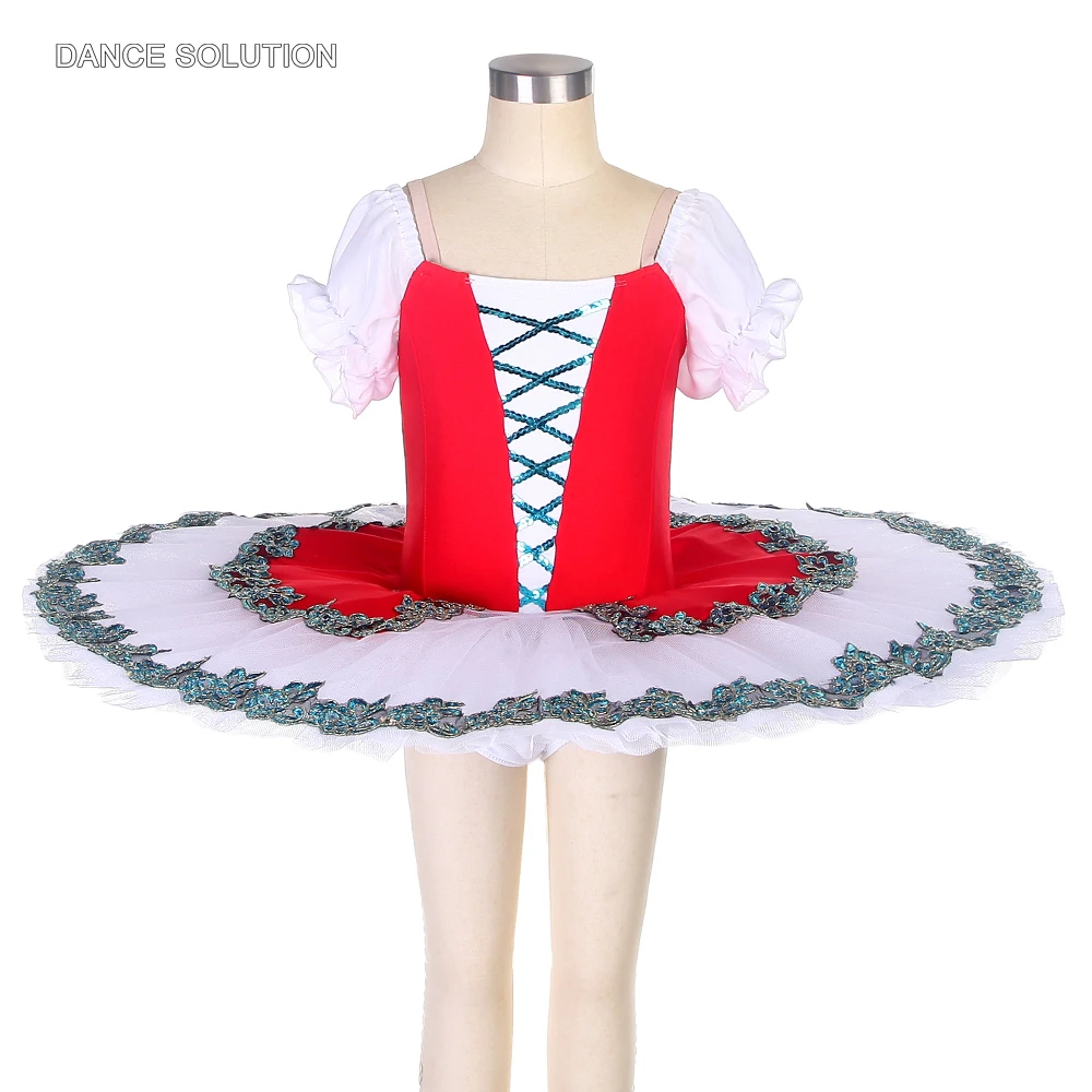 

Red Spandex Bodice Ballet Tutu Costume with Short Puff Sleeves Women and Girls Stage Performance Dancewear Ballet Outfit BLL496