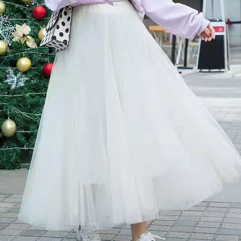 

fashion All-Match tulle skirts for woman 2023 spring high waist Mid-Length pleated skirt women casual solid color puffy Skirt