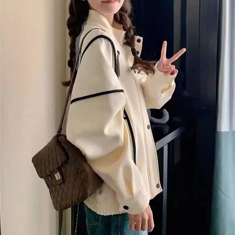 Standing Collar Baseball Jersey Hoodie for Women's 2024 Spring and Autumn New Korean Version Loose Decoration Small Short Jacket