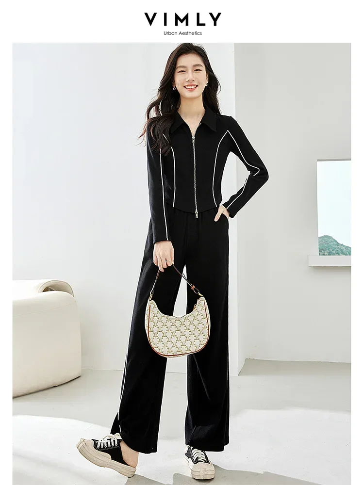 

Vimly Black Cotton Tracksuit Women Two Piece Set 2023 Autumn Casual Sports Outfits Zipper Short Jacket Wide Leg Pant Sets 30028