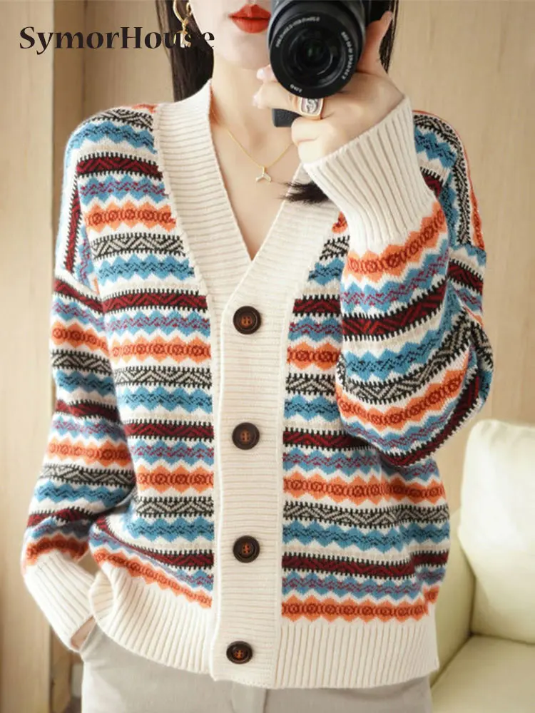 

2023 Autumn/Winter Vintage Knit Cardigan Women Sweater Striped Coat Single-Breasted V-Neck Casual Loose Knitted Tops Jacket