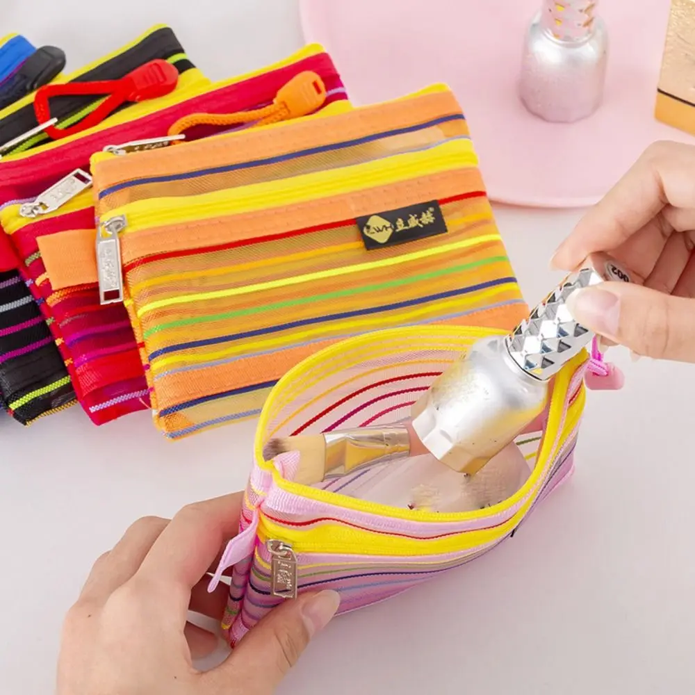 

Rainbow Clear Mesh Coin Purse Double Layer Stripe Mini Transparent Storage Bag Data Cable Storage Bag Korean Style