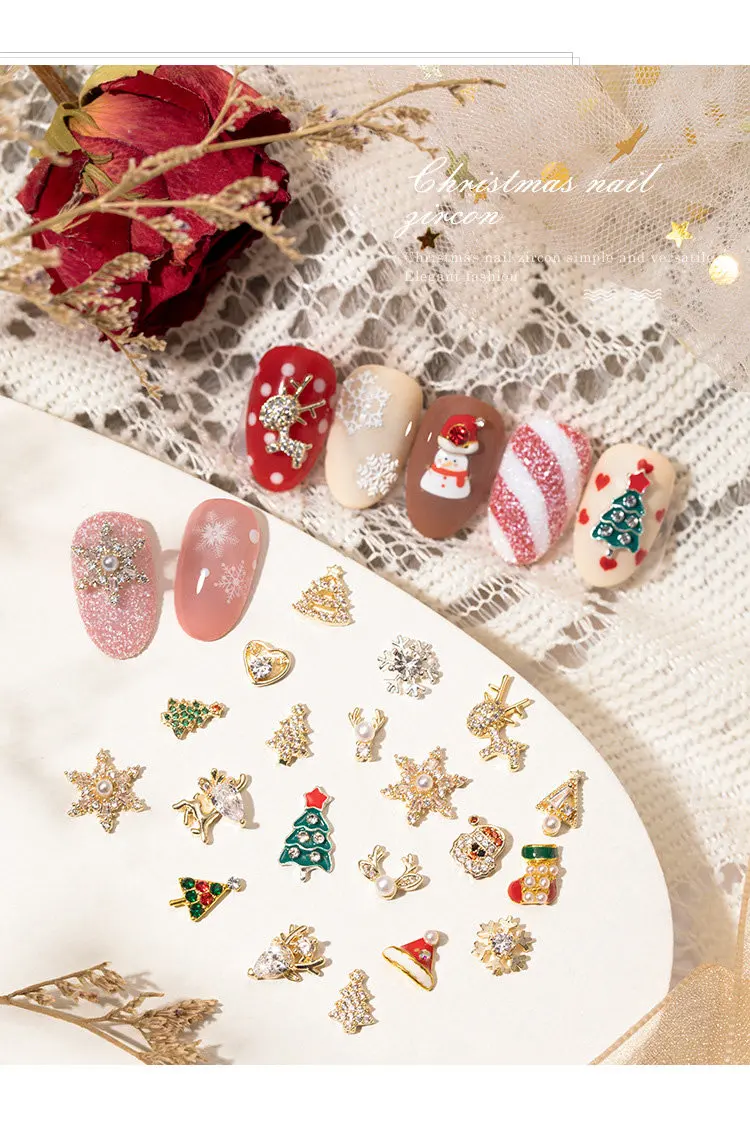 10 Stück Weihnachtsbaum Glocke Santa Schneeflocke Elch Zirkon Strass Nail Art Schmuck Dekorationen Nägel Zubehör Charms Zubehör – Detail 6