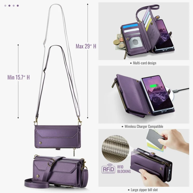 Lanyard Leather Zipper Wallet Card Phone Case with Crossbody Flip Stand Cover