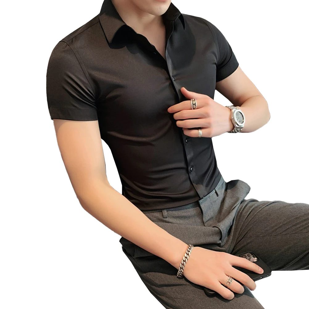 

Comfy Fashion Shirt Men Dress Shirts Formal Polyester Regular Shirt Short Sleeve Slim Fit Solid Color Blouse Men