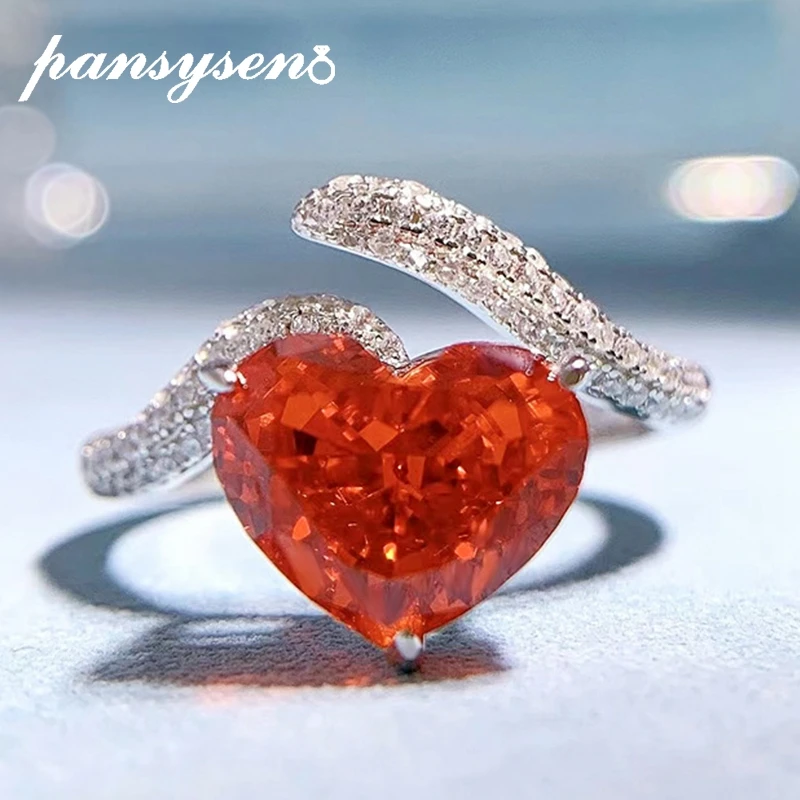 

PANSYSEN New Arrival Pure Silver 925 Jewelry Sparkling 8*10mm Heart Cut Ruby High Carbon Diamond Gemstone Ring Wedding Gift