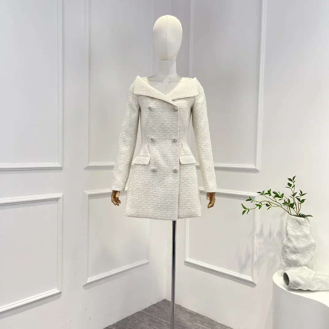 

Женское твидовое мини-платье, бежевое двубортное платье с длинным рукавом и высокой талией, весна 2024