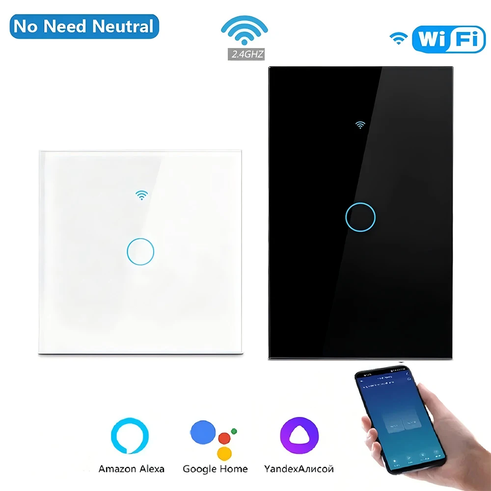 Tuya US/EU WiFi Smart Wall Switch RF433 1/2/3 Gang No Neutral Wire Touch Sensor LED Light Switches Smart Home Alexa Google Home smart wall switch
