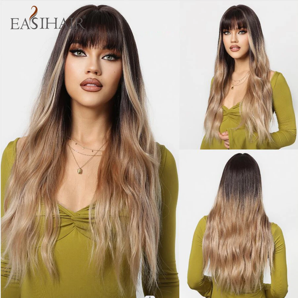 

EASIHAIR Ombre Ash Blonde Brown Long Wavy Synthetic Wigs with Bang for Women Daily Cosplay Party Hair Wig Natural Heat Resistant