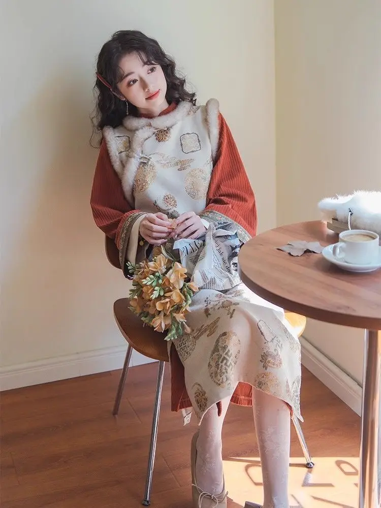 Autumn Winter Chinese Style Thickened Cheongsam Red Set Chinese Qipao Style Elegant Temperament All-Match Dress chinese dress
