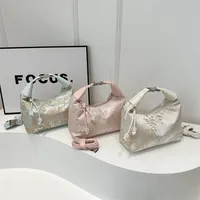 Sweet Embroidery Shoulder Bag Nylon Texture Pearl Pendant Crossbody Bag Small Bucket Handbag Women Girl - Image 3
