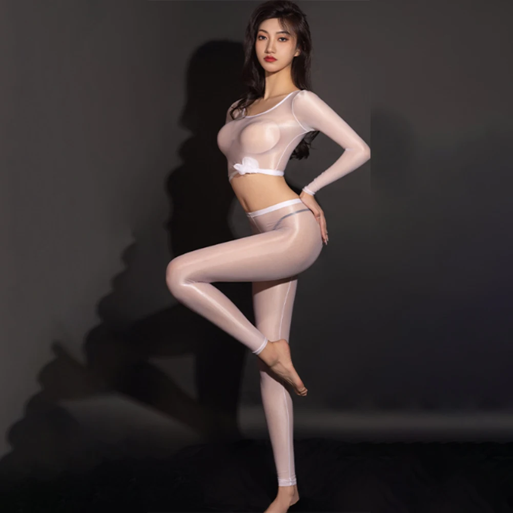​Women Oil Glossy Erotic Pants Female See Through Pantyhose Smooth Open Crotch Stockings Transparent Tights Leggings Nightwear