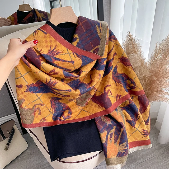 Women Cashmere Warm Pashmina Orange Horse Scarves Luxury Brand Look Winter  Scarf Shawls Wrap