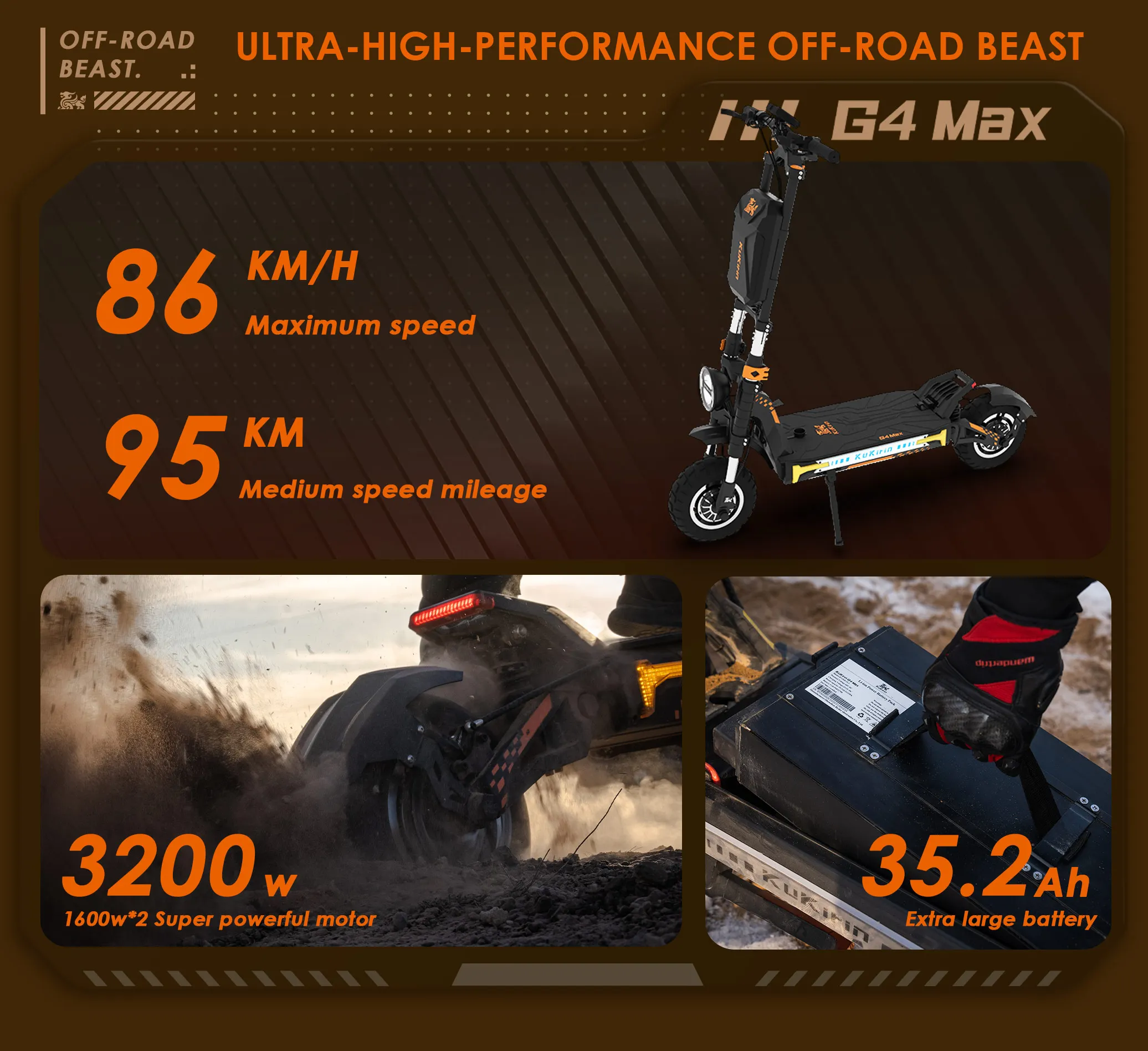 Monopattino Elettrico Pieghevole KuKirin G4 Max, Batteria 60V 35.2Ah, Doppio Motore 1600W*2, Pneumatici Fuoristrada da 12 Pollici, Velocità 86 km/h - immagine 3