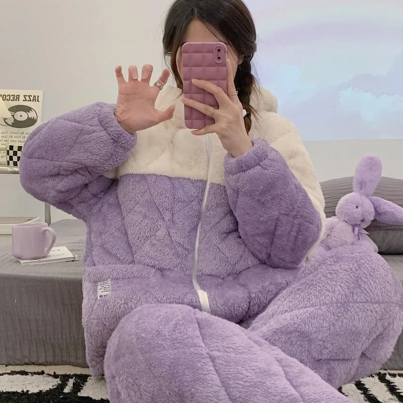 Пижама женская зимняя утепленная одежда для отдыха трехслойная хлопковая бархатная одежда для сна кораллового цвета женский теплый костюм для дома с хлопковой подкладкой