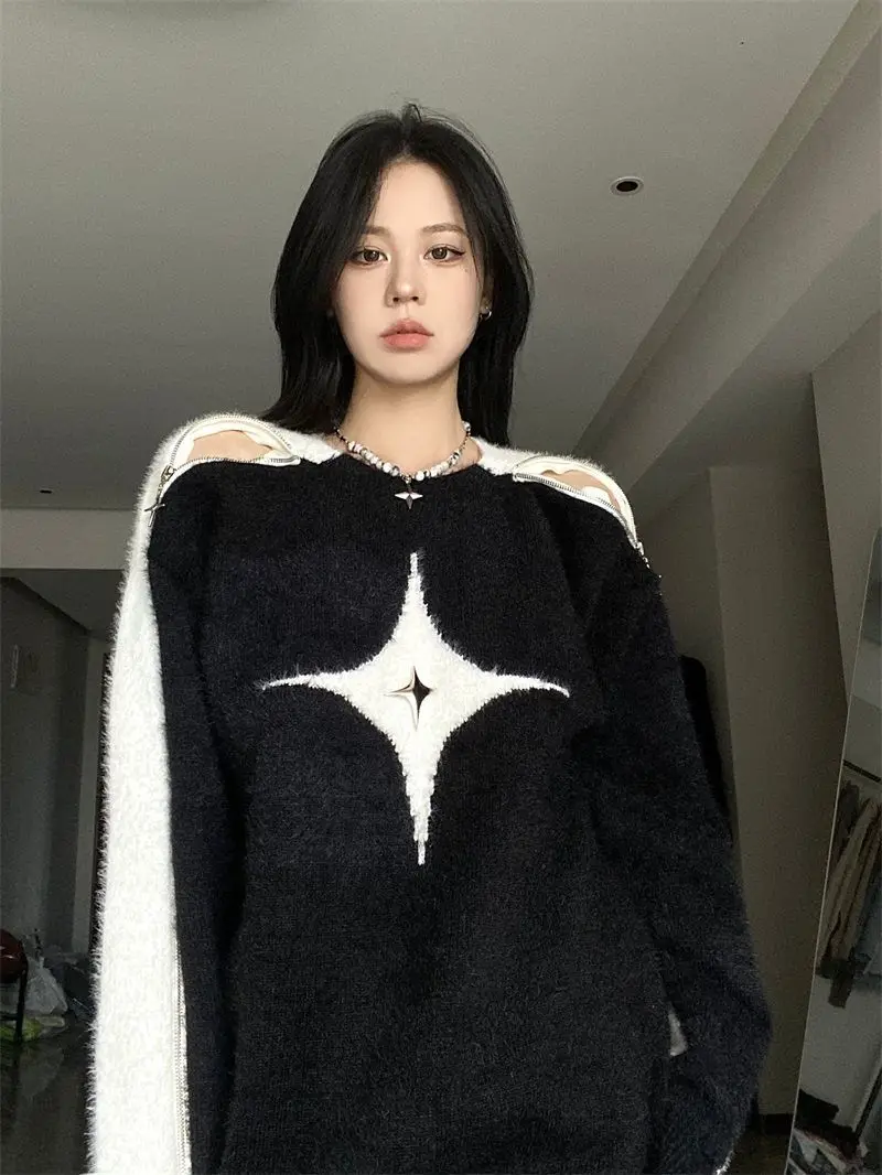 Autunno Harajuku Fashion Retro Contrast 2022 New Y2k Color Star maglione Sexy Slash Neck Off spalla manica lunga top Jumpers