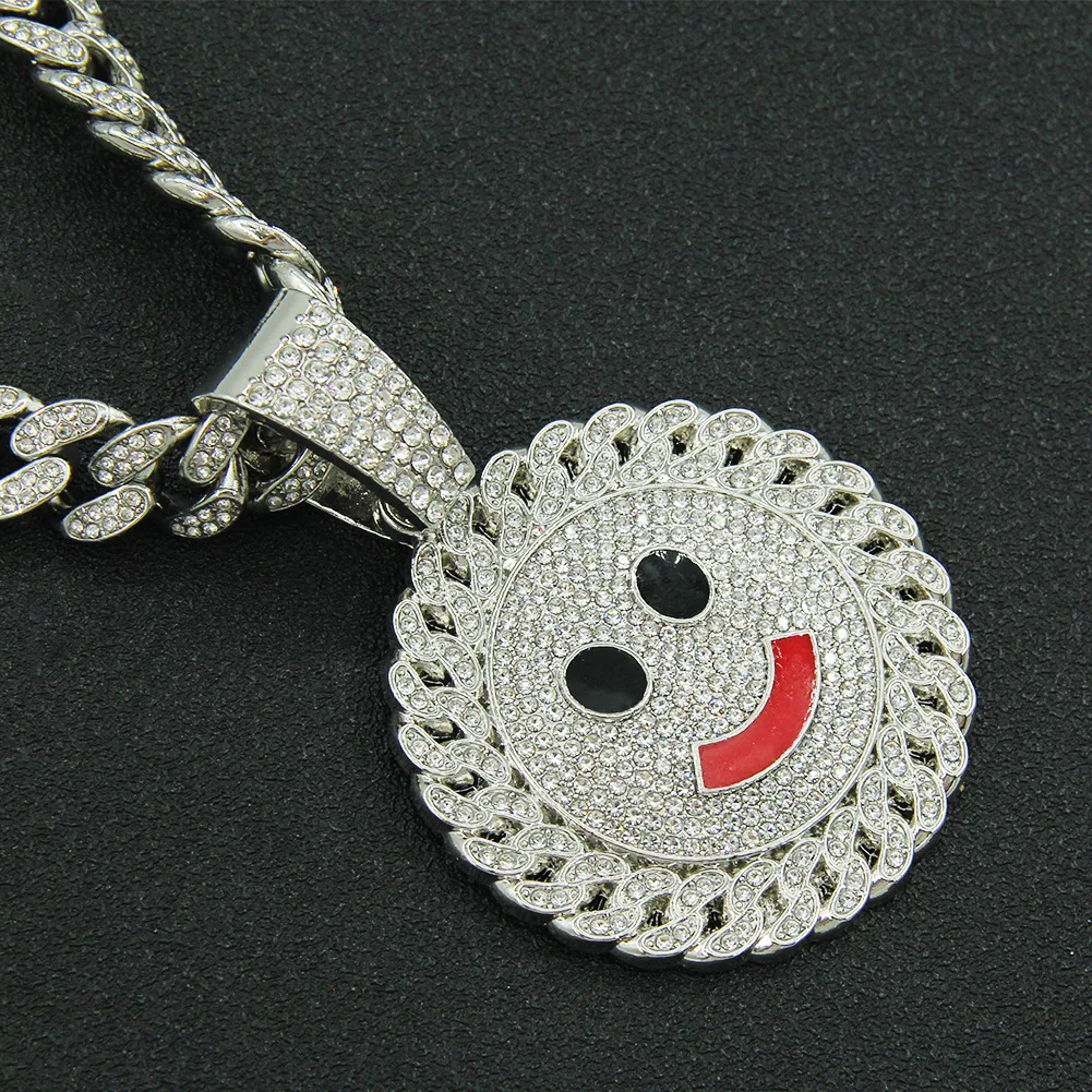 

Iced Out Cuban Chains Bling Diamond Sunflower Smile Rhinestone Pendants Mens Necklaces Gold Hip Hop Jewelry for Club Boys Choker