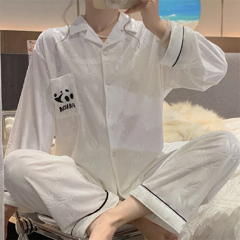 цена Autumn New Silky Soft 2 Pieces Pajamas for Women V-neck Cardigan Pajamas for Women Fashion Embroidery Panda Pajamas for Girls