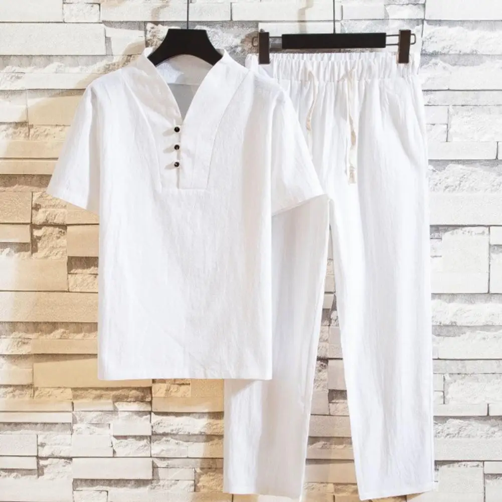 Men's Cotton and Linen Short Sleeve T-shirt+Ankle Length Pant Set Solid Shirt+Trousers Home Suits Male Tracksuit Size M-5XL