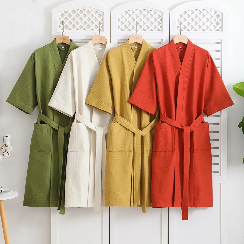 Cotton Gauze Kimono Robes Couples New Women And Men V Neck Solid Bathrobe Nightgown Summer Thin Female Home Clothes