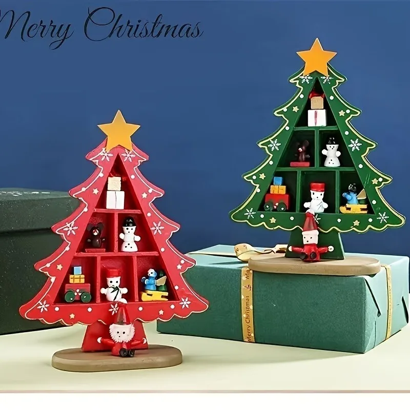 1Set Wooden Christmas Tree Shaped Desktop Ornament with Base, Christmas Tree Crafts, Christmas Decorations