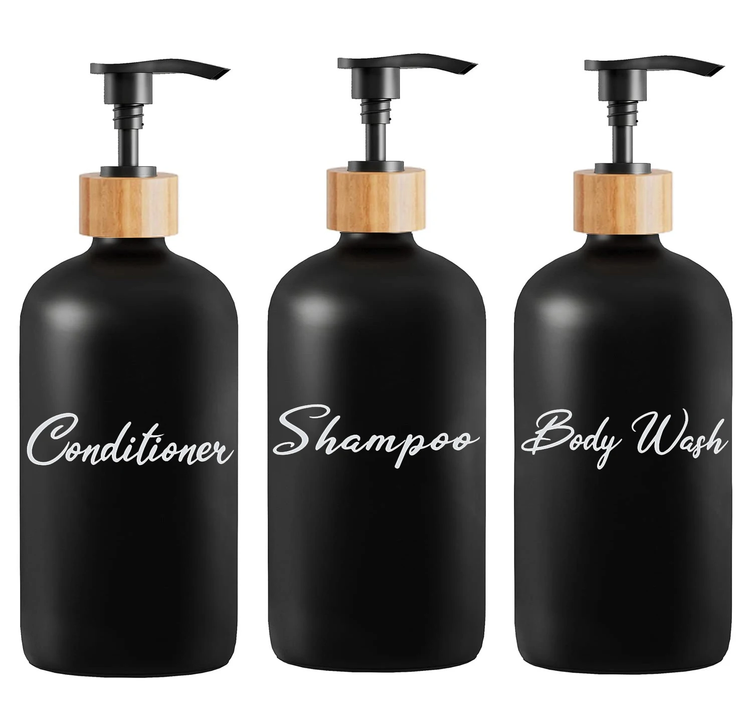 Matte สีดำรีฟิลขวดไม้ไผ่ปั๊มยาสระผมและครีมนวด Dispenser แชมพูสำหรับอาบน้ำผนัง500Ml 1