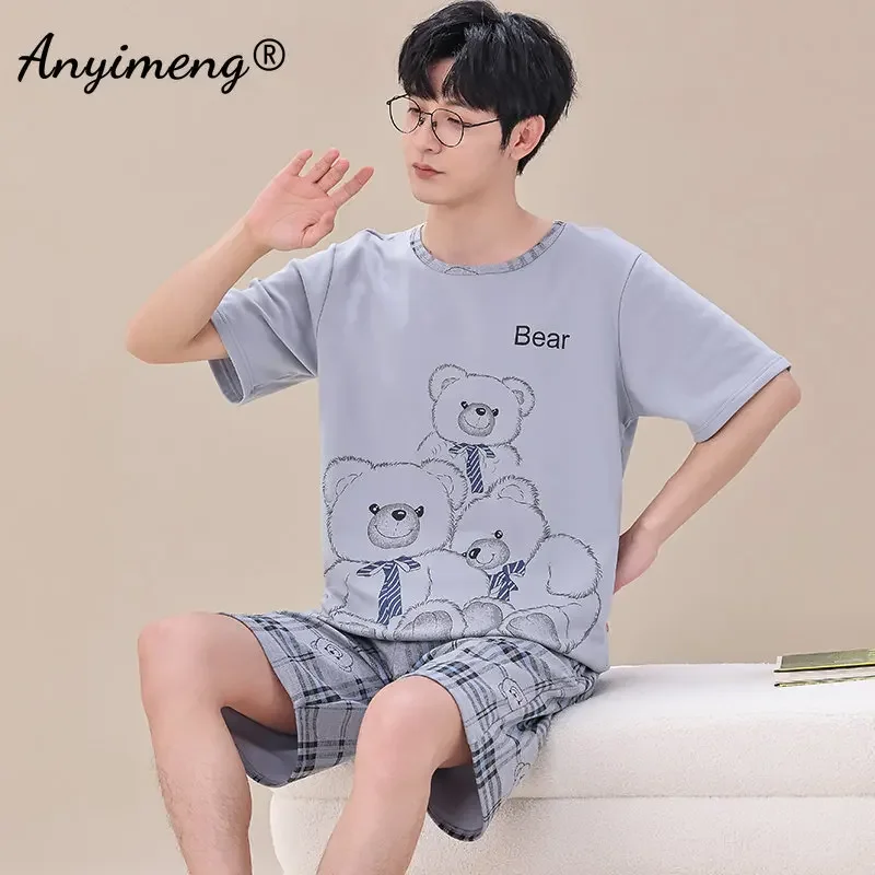 Men Summer Knitted Cotton Pajama Sets Bear Print