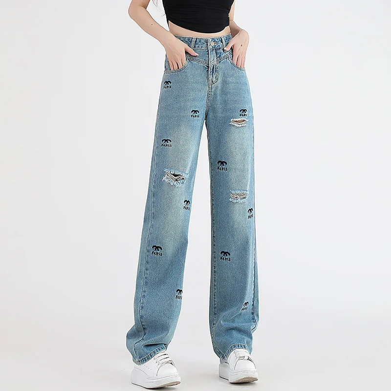 Retro Blue Perforated Straight Barrel Jeans Women's High Waist New Embroidered Narrow Wide Leg Floor Dragging Jeans Pants