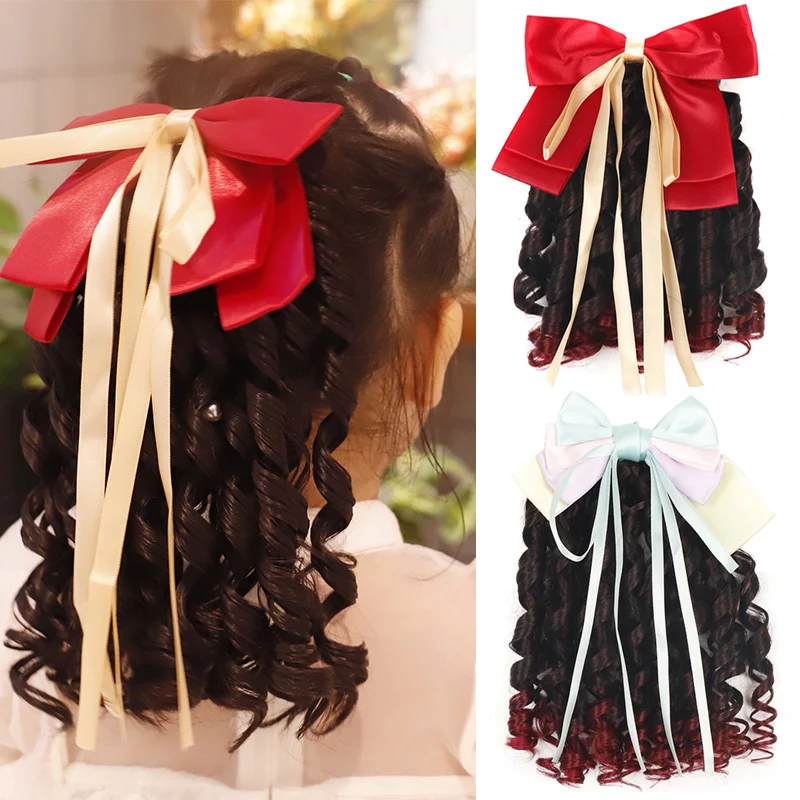 Kids Cute Bowtie Wig Ponytail Female Clamping Style Big Wave Low Ponytail Long Hair Artificial Hair Braided Curly Ponytail 2023 new women cotton coat winter jacket female warm parkas artificial fur collar hooded outwear mid length version overcoat