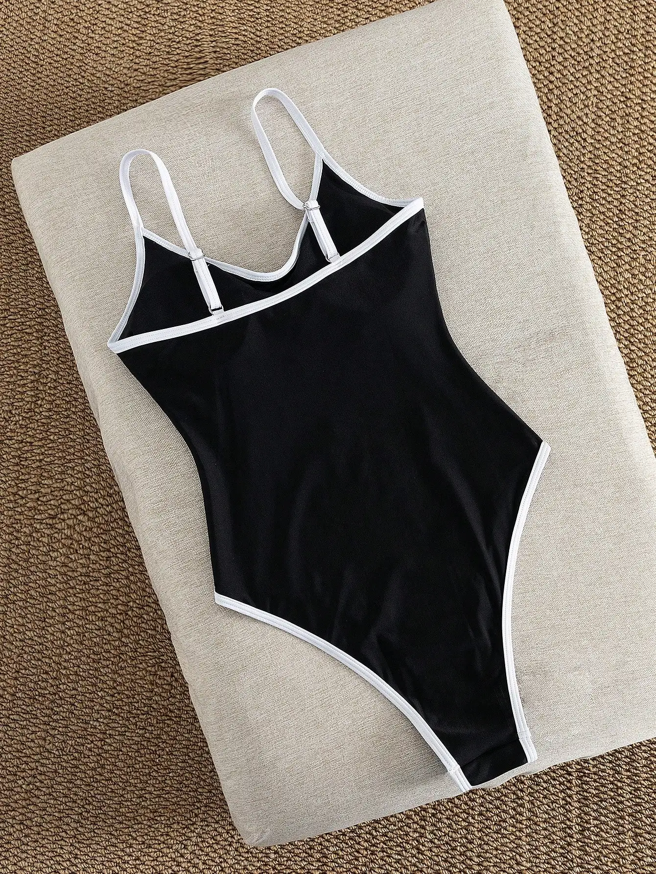 Women's Black One-Piece Swimsuit with White Trim, Low Back High Cut Cheeky Bathing Suit, Summer Beach Swimwear for Vacation 2