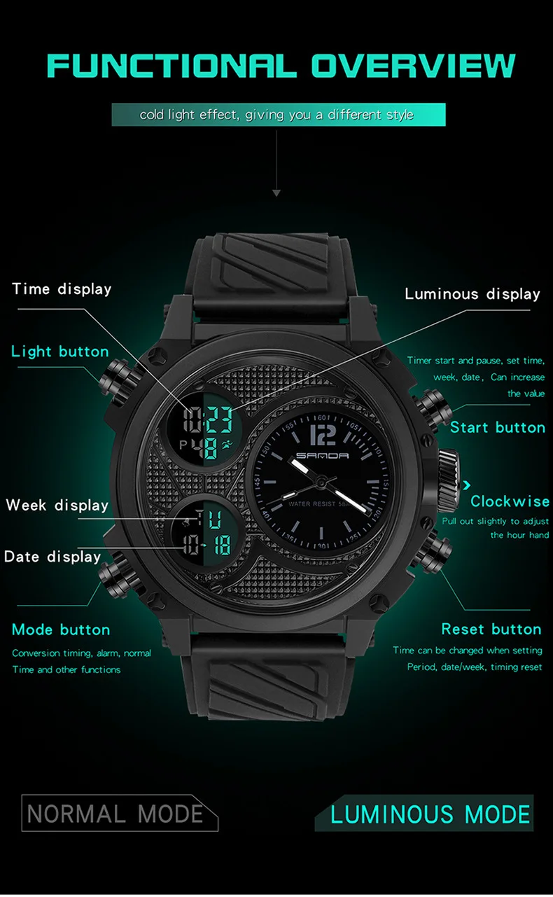 SandaSports Watch，outdoor，luminous，Double show electronic watch，Resin strap,With double time display digital clock