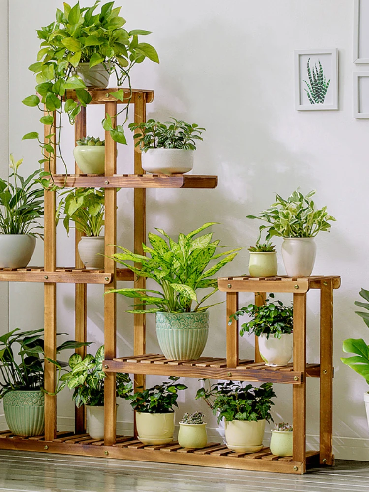 

Solid Wood Flower Rack Floor-Standing Multi-Layer Storage Balcony Layout Indoor Living Room Iron Succulent Green Radish Basin