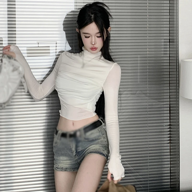 

Весенняя рубашка в стиле ретро, однотонная плиссированная дизайнерская простая Корейская версия, модная популярная Осенняя Водолазка с длинным рукавом для девушек