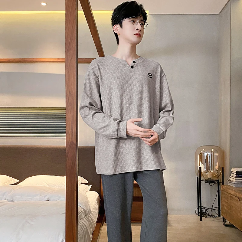 Autumn Winter Men's Cotton Pajamas Letter Striped Sleepwear