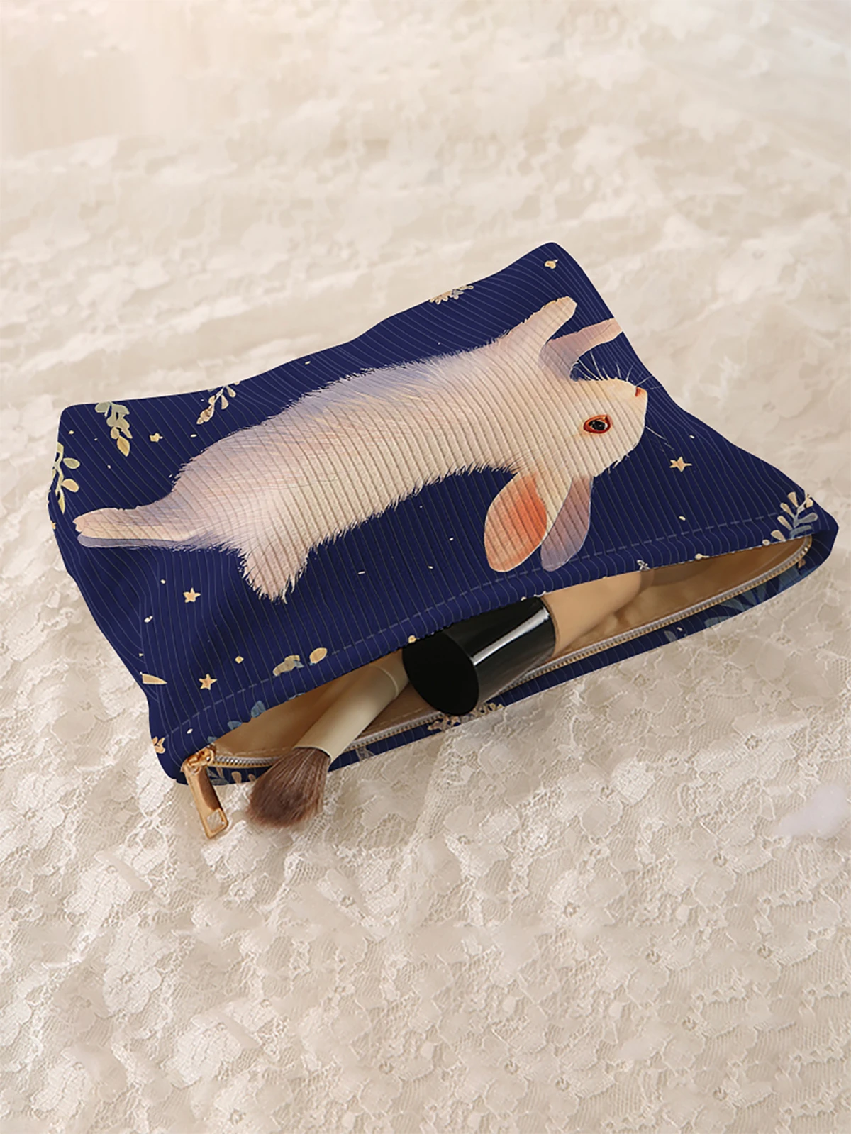 1 rabbit patterned corduroy makeup bag, lightweight zipper makeup storage box, multifunctional bag with lining