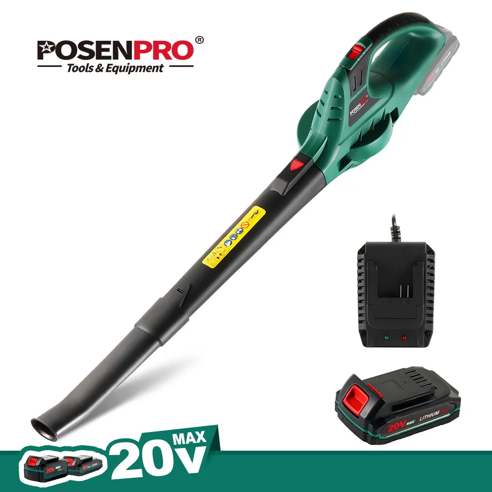 POSENPRO cordless leaf blower electric handheld blower 20V, 2.0Ah battery, fast charger, 2 speed mode, garden tools