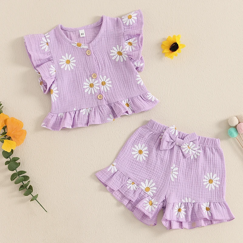 Floral Print Summer Outfit Set for Baby Girls - Cute Top  Elastic Shorts